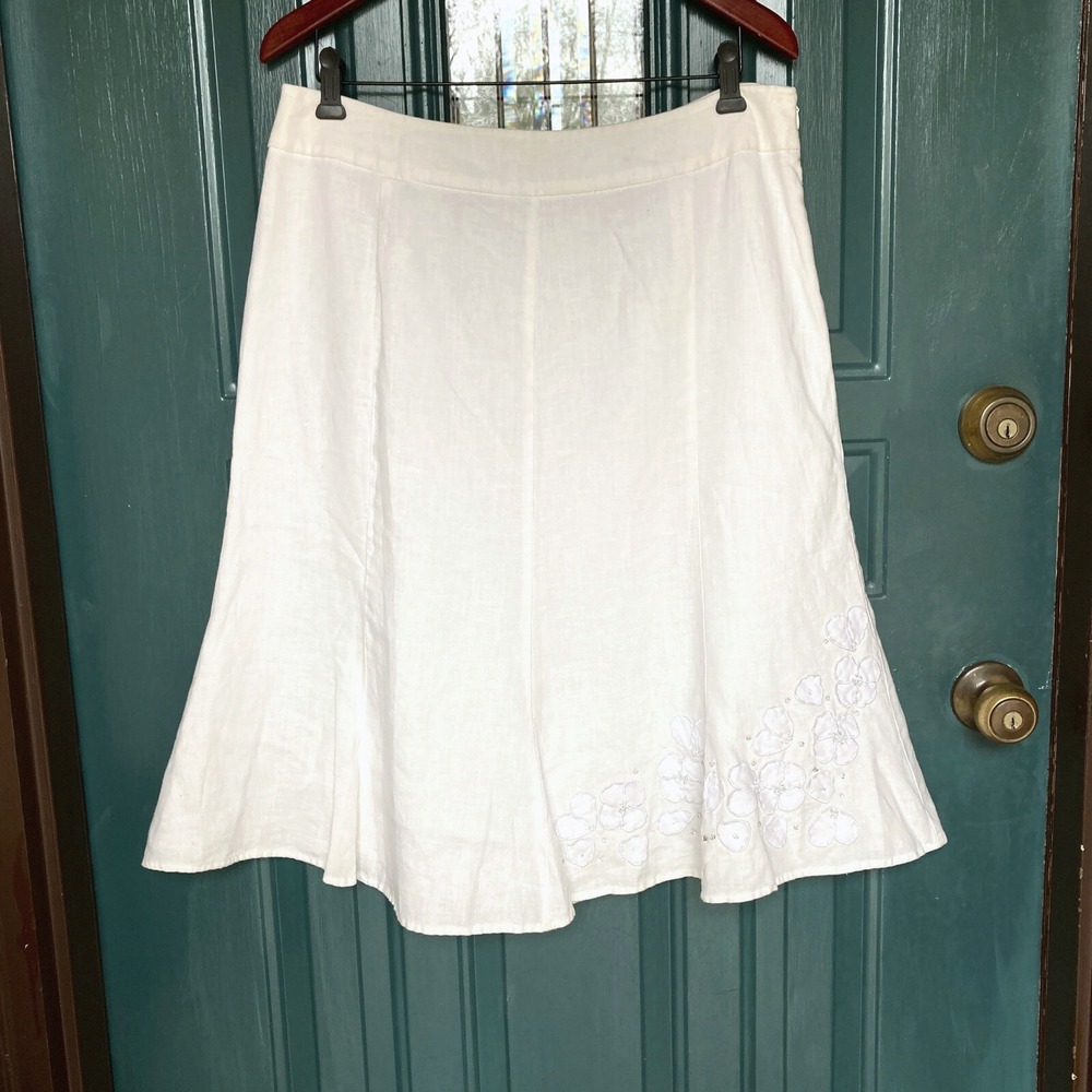 JM Collection Pure Linen Beaded 3D Flower Boho Asymmetric Tulip Skirt Women 12 L